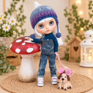 Conjunto azul con mono vaquero y gorro tejido para muñeca Blythe de MI JAULITA