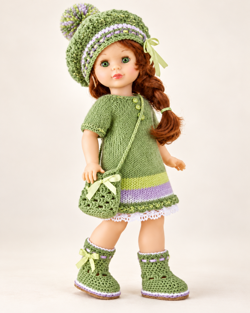 Conjunto verde lima con boina y bolso para Nancy de MI JAULITA