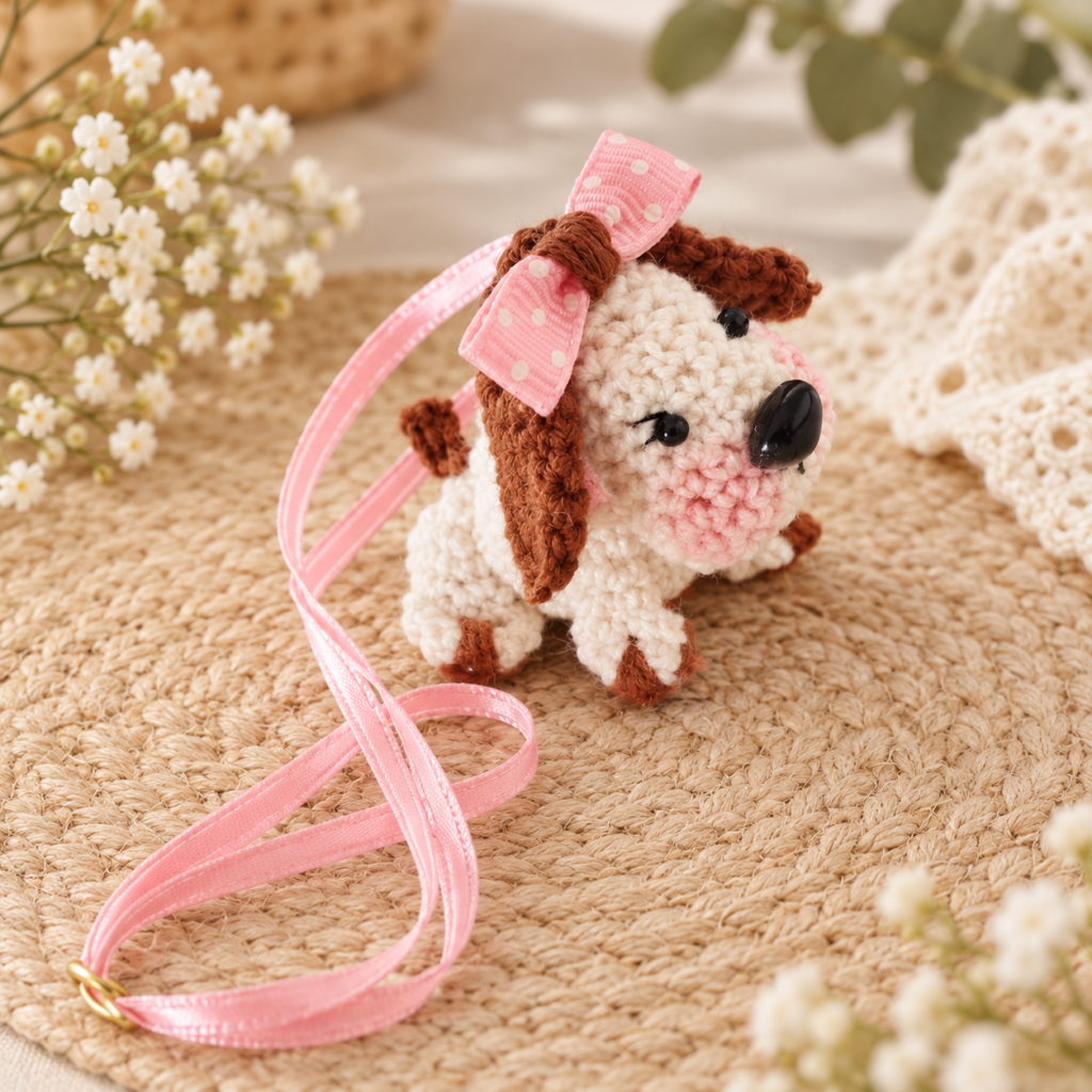 Perrita mini de crochet con lazo rosa hecha a mano por MI JAULITA