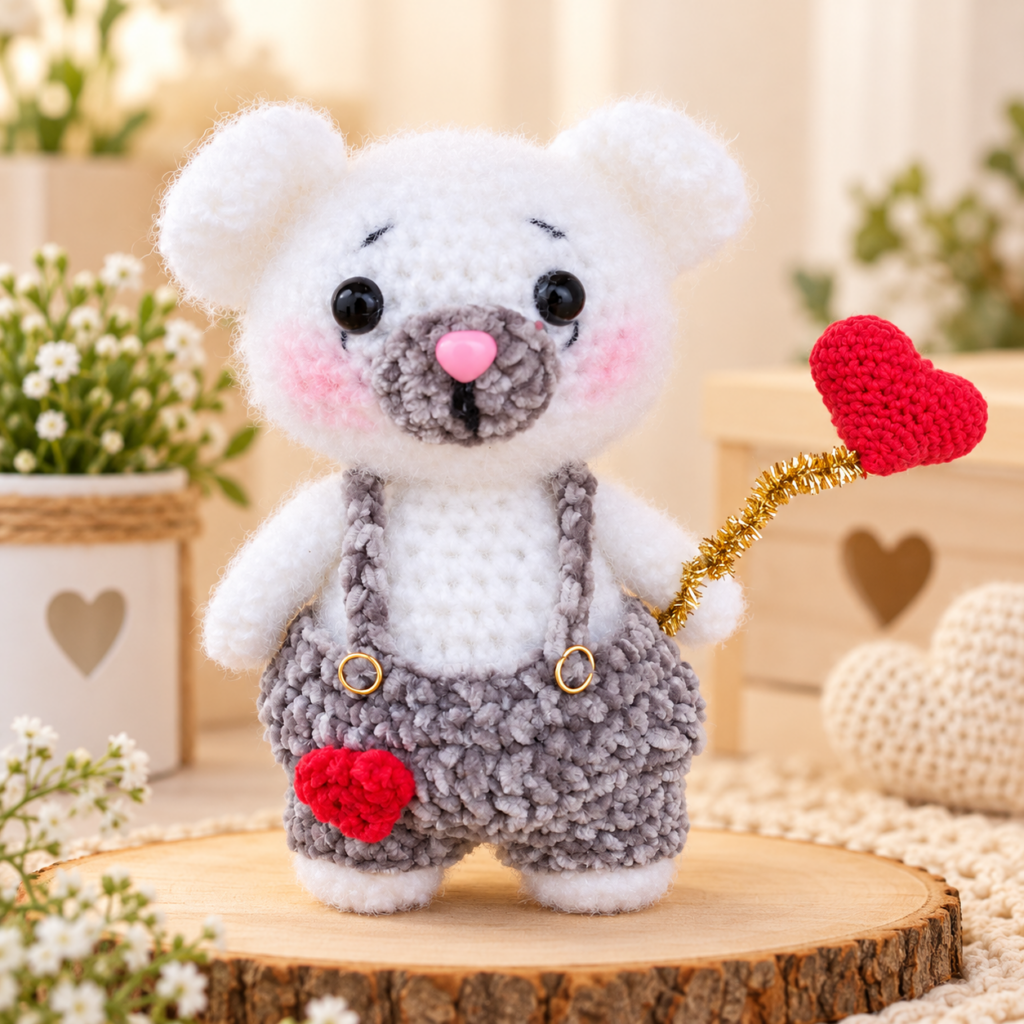 Osito Cupido de crochet con corazón rojo hecho a mano por MI JAULITA