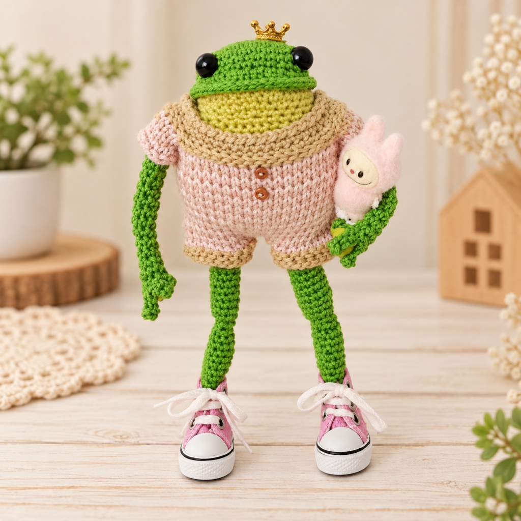 Rana príncipe de crochet con corona y conjunto beige hecha a mano por MI JAULITA
