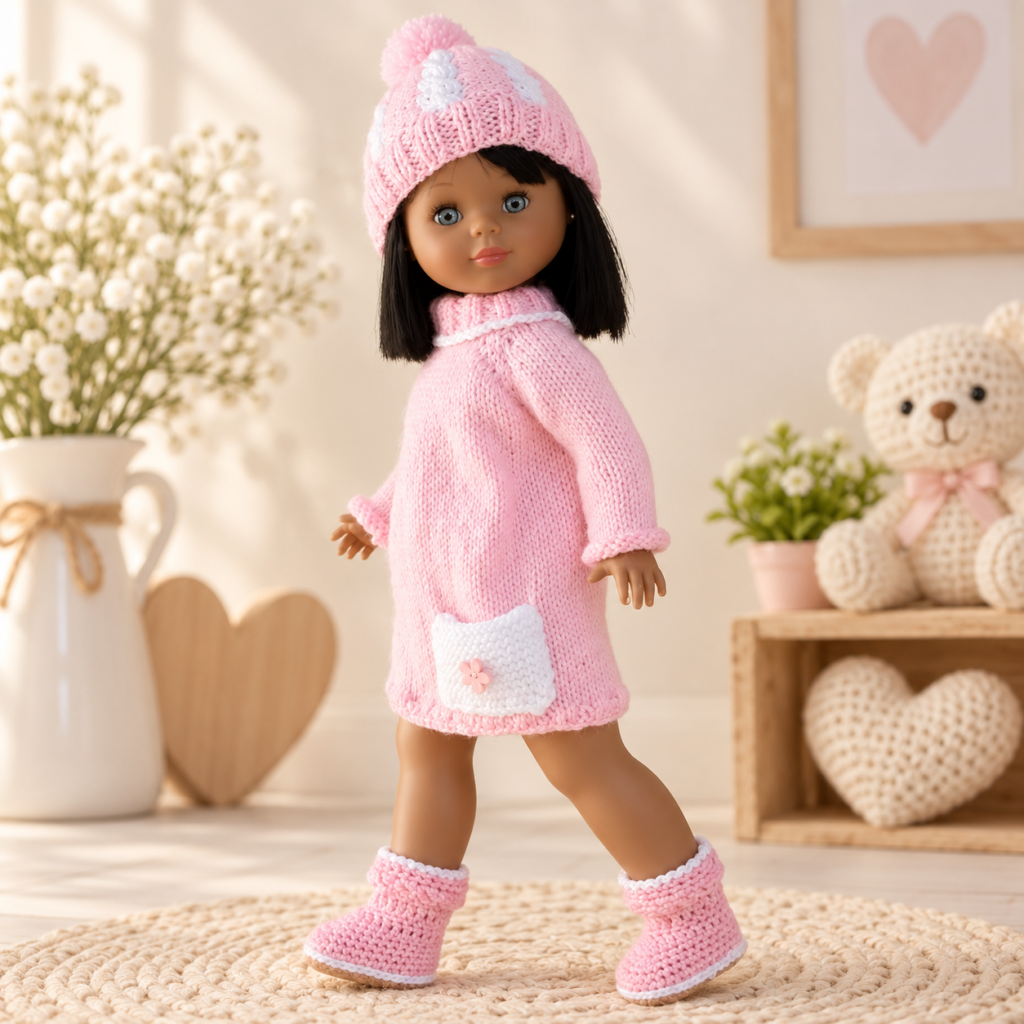 Poncho rosa y crema tejido a mano para muñeca de MI JAULITA