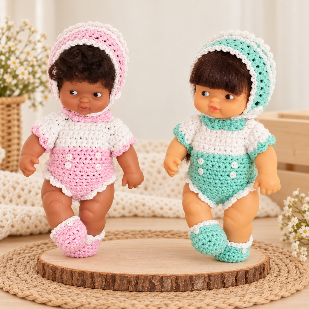 Conjuntos de bebé rosa y menta tejidos a crochet por MI JAULITA