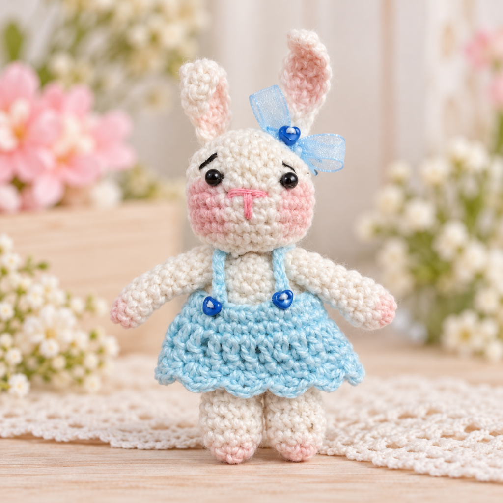 Mini coneja de crochet con vestido azul de MI JAULITA