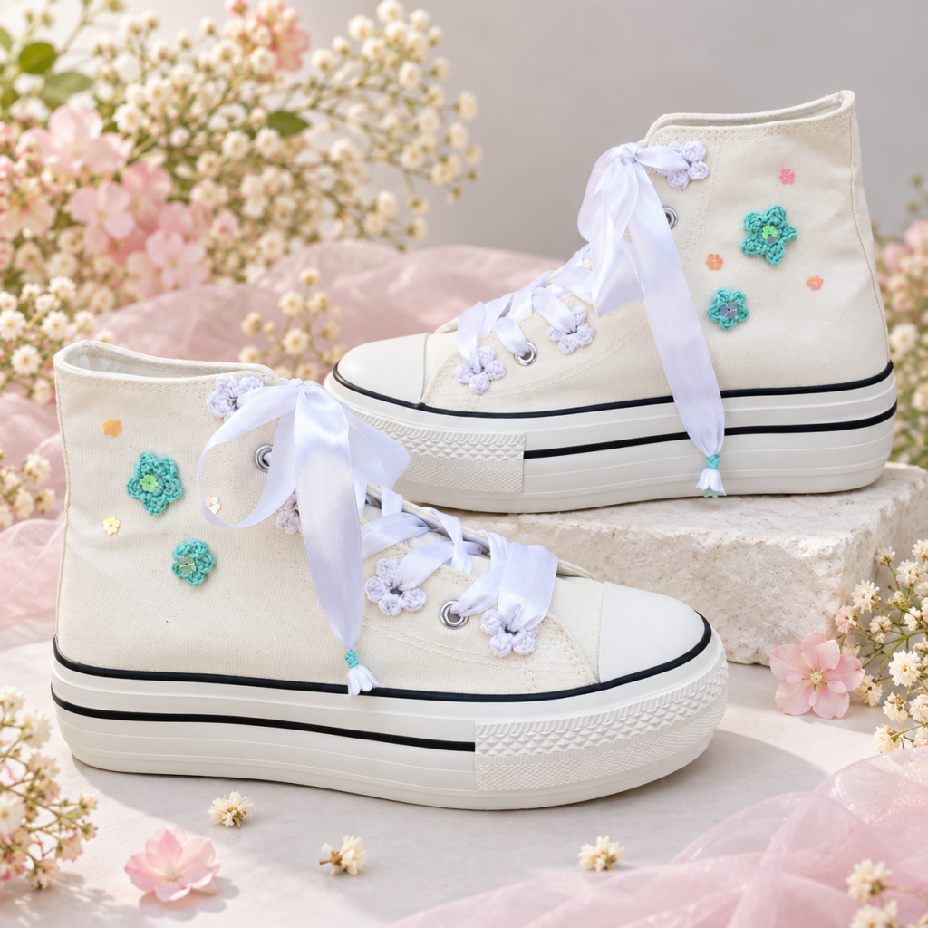 Zapatillas blancas personalizadas con flores de crochet de MI JAULITA