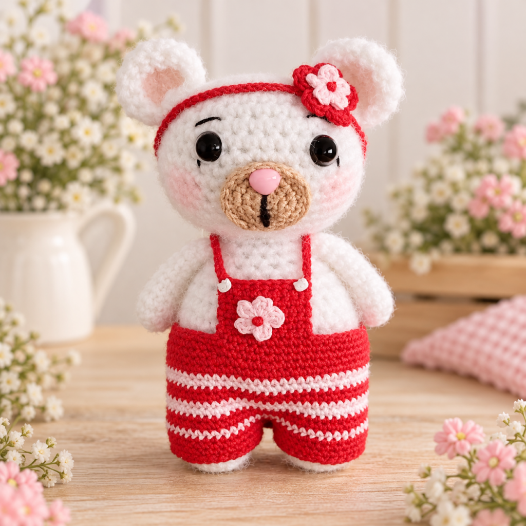 Osita blanca con peto rojo floral de MI JAULITA